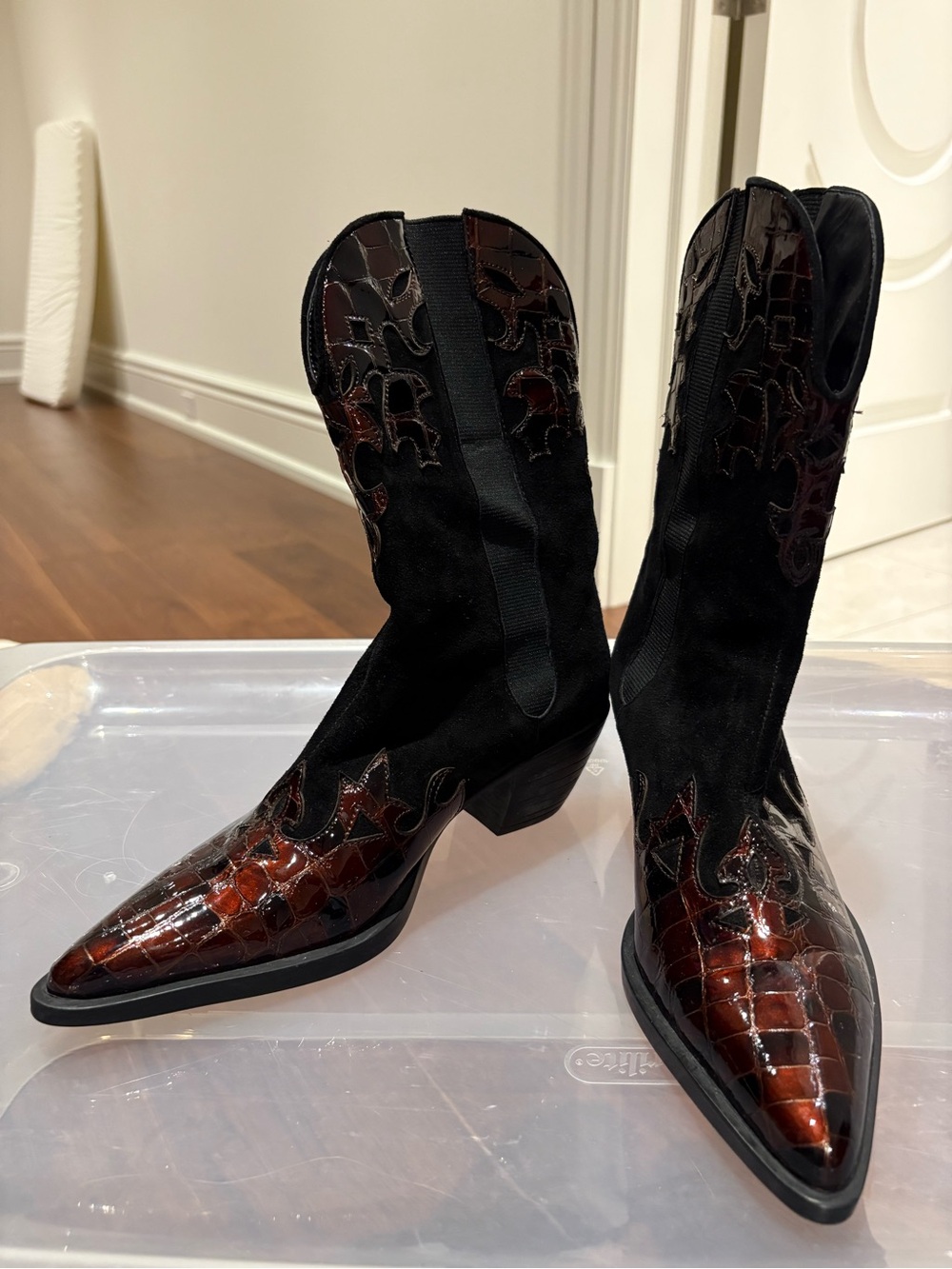 Black Suede & Brown Croc-Embossed Pointed-Toe Heeled Boots